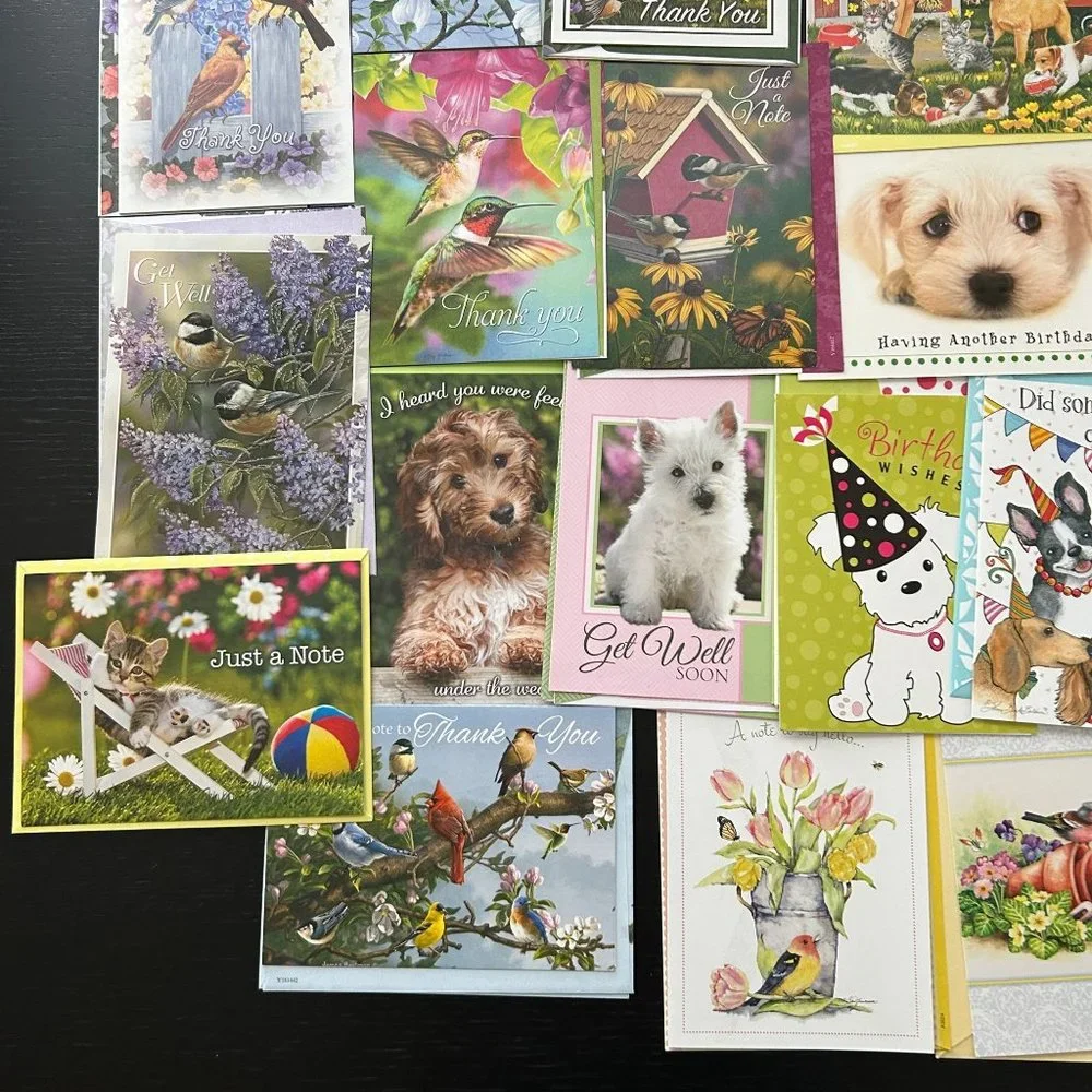 Mixed Lot of 28 Greeting Cards w/ Envelope Dogs Puppies Cats Kittens and Birds